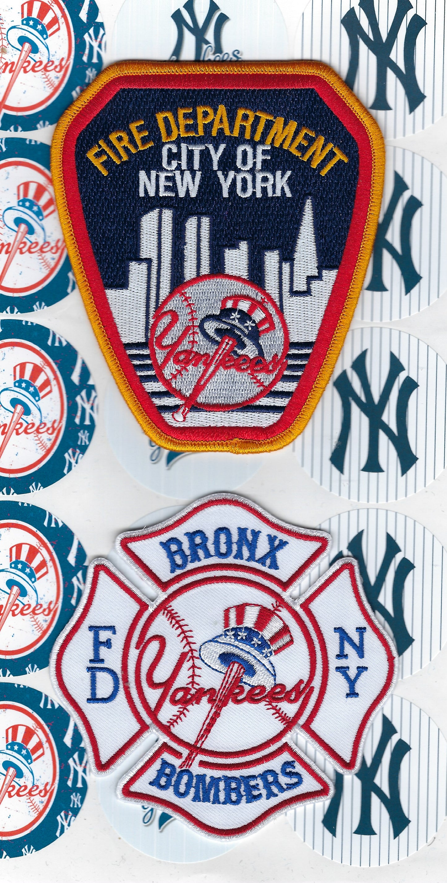 NEW YORK CITY FIRE DEPARTMENT (FDNY) 4.5 INCH AND 4-INCH NEW YORK YANKEES EMBROIDERED TRIBUTE PATCHES BY PUBLIC SAFETY COLLECTIBLES.