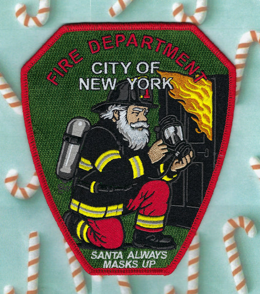NEW YORK CITY FIRE DEPARTMENT (FDNY) 'SANTA ALWAYS MASKS UP' EMBROIDERED PATCH BY UNDERDOG PATCH DESIGNS.