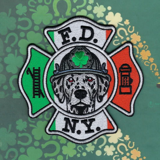 NEW YORK CITY FIRE DEPARTMENT (FDNY) SAINT PATRICK's DAY 5-INCH EMBROIDERED DALMATION PATCH BY UNDERDOG PATCH PRODUCTIONS.