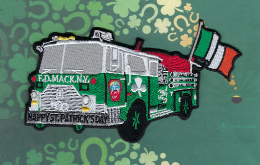 NEW YORK CITY FIRE DEPARTMENT (FDNY) SAINT PATRICK's DAY 5.5 INCH x 3.5 INCH EMBROIDERED MACK CF ENGINE PATCH BY UNDERDOG PATCH PRODUCTIONS.