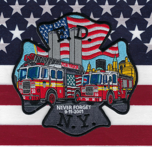 NEW YORK CITY FIRE DEPARTMENT (FDNY) WORLD TRADE CENTER 5.5 INCH TUNNEL TO TOWERS EMBROIDERED TRIBUTE PATCH BY UNDERDOG PATCH PRODUCTIONS.