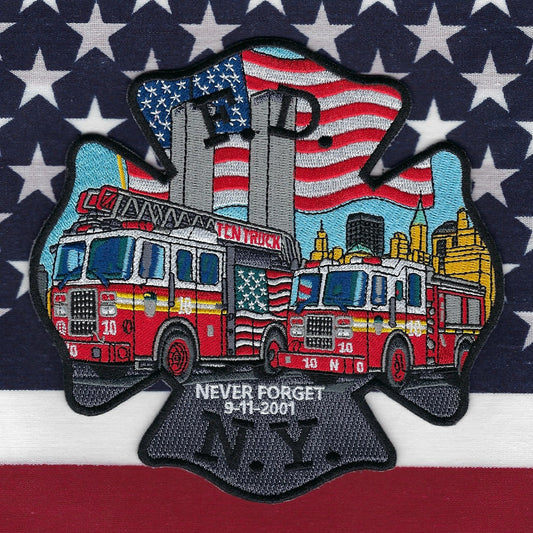 NEW YORK CITY FIRE DEPT (FDNY) WORLD TRADE CENTER 5.5 INCH TUNNEL TO TOWERS EMBROIDERED TRIBUTE PATCH BY UNDERDOG PATCH PRODUCTIONS.