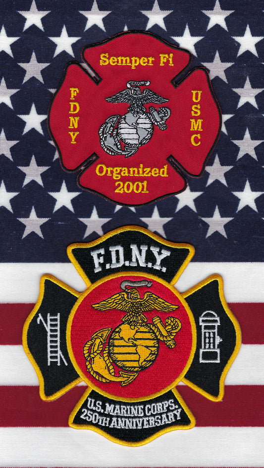 NEW YORK CITY FIRE DEPT (FDNY) 'UNITED STATES MARINE CORPS' EMBROIDERED TRIBUTE PATCH SET.