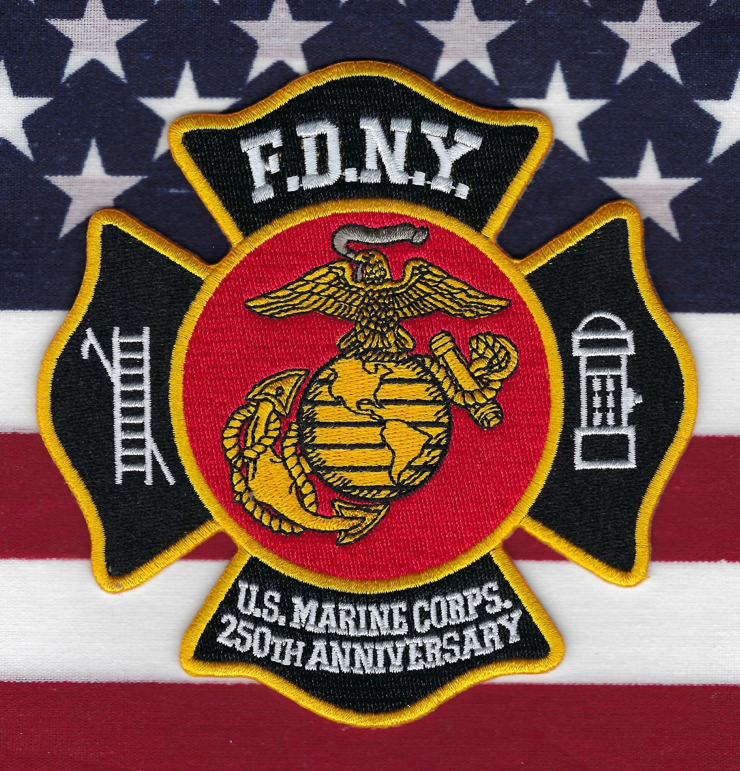 NEW YORK CITY FIRE DEPARTMENT (FDNY) 'UNITED STATES MARINE CORPS 250th ANNIVERSARY' EMBROIDERED PATCH DESIGNED AND PRODUCED BY UNDERDOG PATCH DESIGNS.