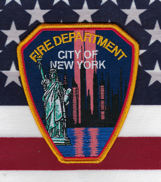 NEW YORK CITY FIRE DEPARTMENT (FDNY) WORLD TRADE CENTER EMBROIDERED 4-INCH TRIBUTE PATCH BY STEALTH PATCH PRODUCTIONS.