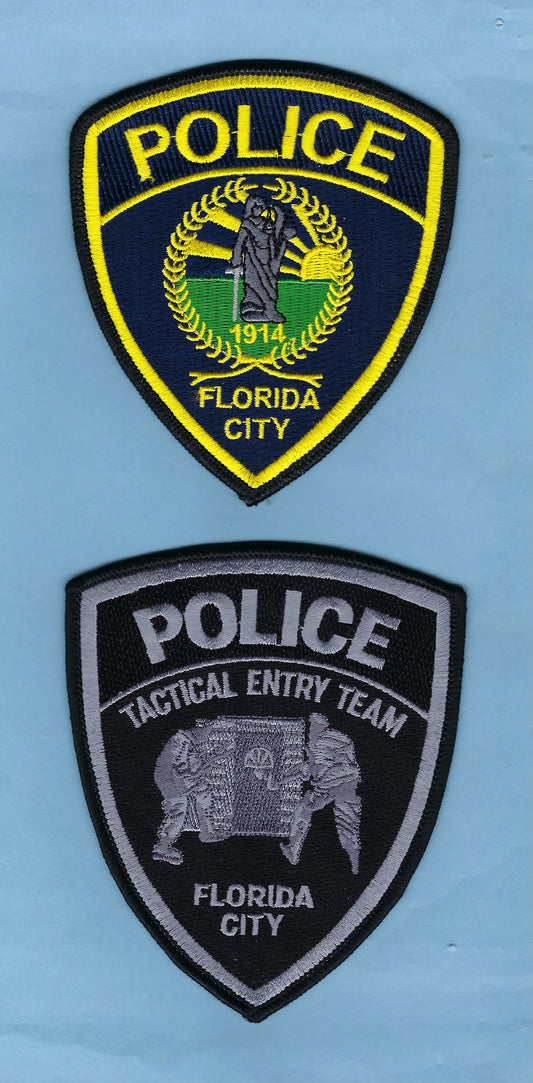 FLORIDA CITY, FLORIDA POLICE DEPARTMENT 4.75 INCH AND 4.25 INCH 'TACTICAL ENTRY TEAM' EMBROIDERED PATCHES BY PUBLIC SAFETY COLLECTIBLES.