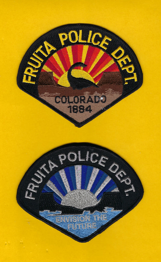 FRUITA, COLORADO POLICE DEPARTMENT 4.5 INCH x 4-INCH EMBROIDERED PATCHES BY PUBLIC SAFETY COLLECTIBLES.