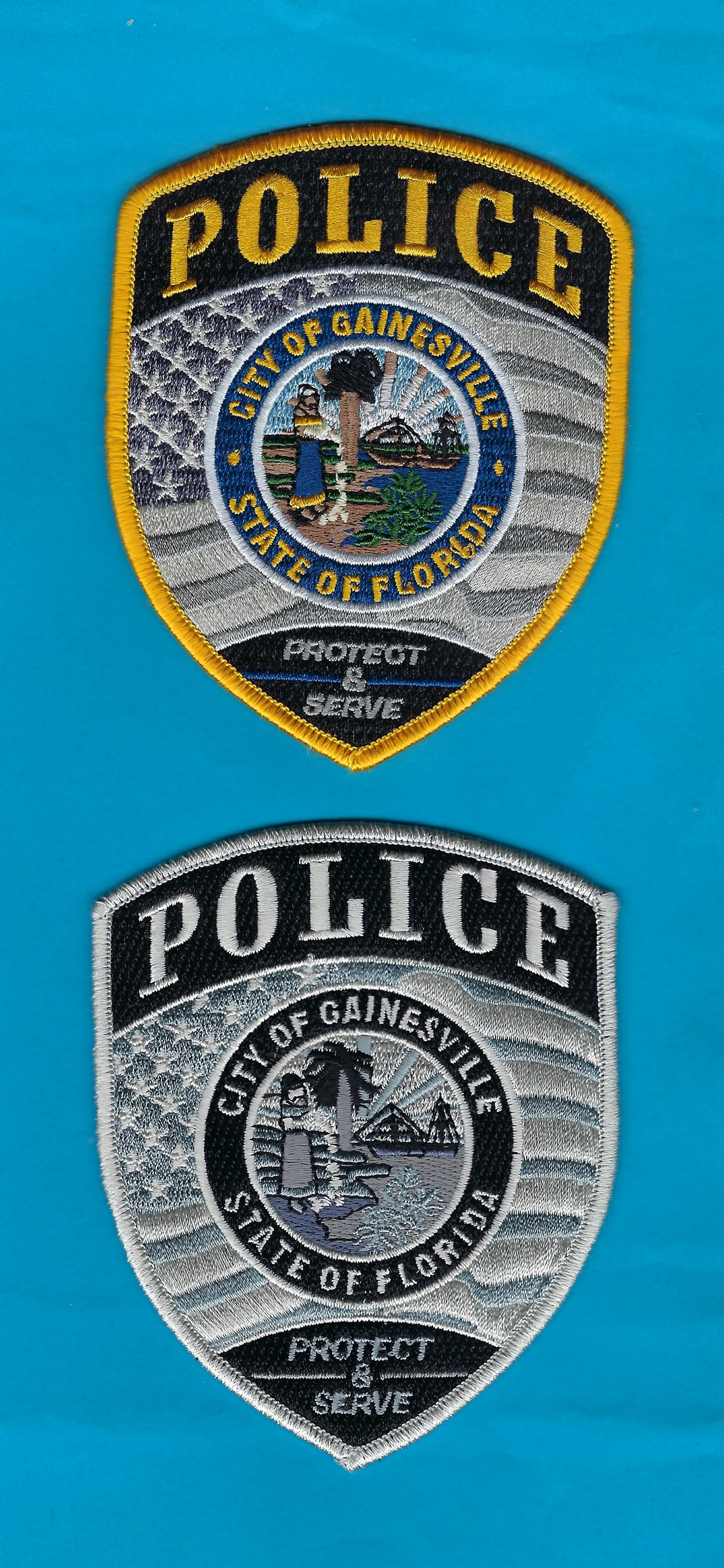 GAINESVILLE, FLORIDA POLICE DEPARTMENT 4.25 INCH EMBROIDERED PATCHES BY PUBLIC SAFETY COLLECTIBLES.