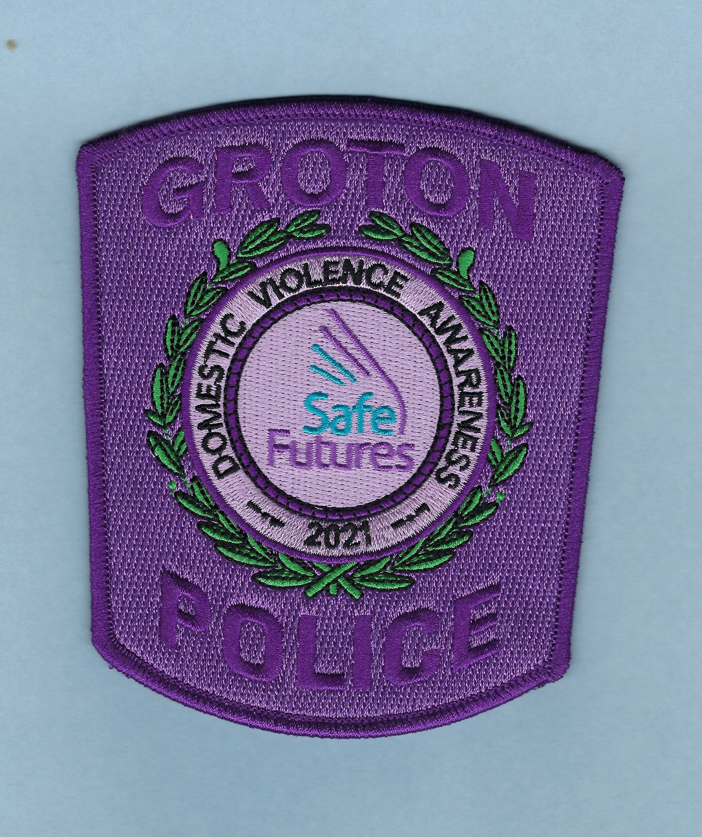 GROTON, CONNECTICUT POLICE DEPARTMENT 4.75 INCH DOMESTIC VIOLENCE AWARENESS EMBROIDERED PATCH BY PUBLIC SAFETY COLLECTIBLES.