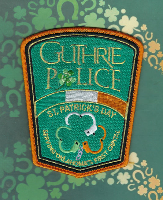 GUTHRIE, OKLAHOMA POLICE DEPARTMENT 5-INCH SAINT PATRICK's DAY EMBROIDERED PATCH BY GHOST PATCH PRODUCTIONS.