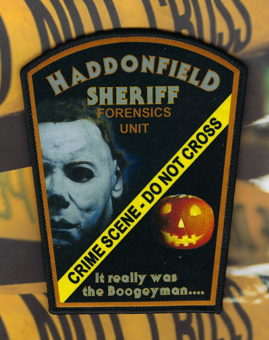 HADDONFIELD, ILLINOIS SHERIFF'S OFFICE FORENSICS UNIT PATCH FROM MICHAEL MYERS MOVIES BY SUSQUEHANNA VALLEY EMBLEMS.