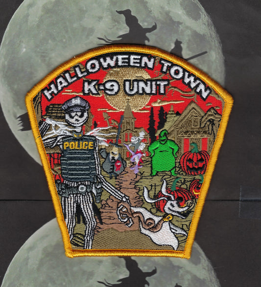 HALLOWEEN TOWN POLICE DEPARTMENT K-9 UNIT 5-INCH EMBROIDERED HALLOWEEN PATCH BY UNDERDOG PATCH PRODUCTIONS.