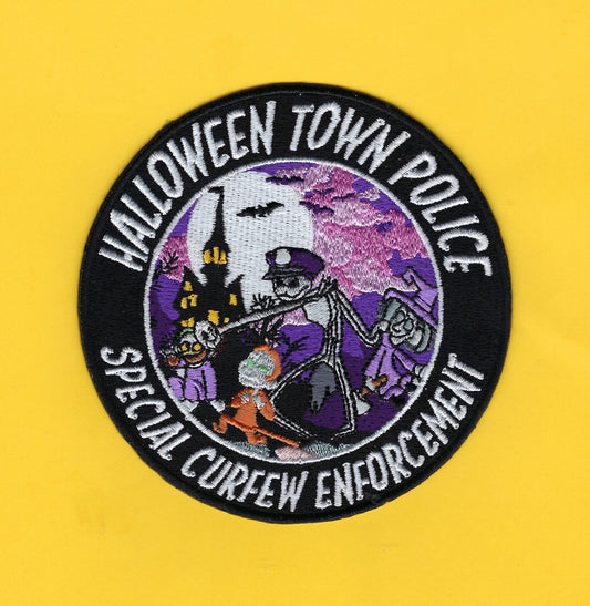 HALLOWEEN TOWN POLICE DEPARTMENT 4-INCH 'SPECIAL CURFEW ENFORCEMENT' EMBROIDERED HALLOWEEN PATCH BY UNDERDOG PATCH PRODUCTIONS.