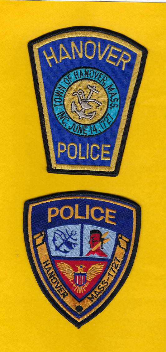 HANOVER, MASSACHUSETTS POLICE DEPARTMENT 5-INCH AND 4.5 INCH EMBROIDERED PATCHES BY PUBLIC SAFETY COLLECTIBLES.