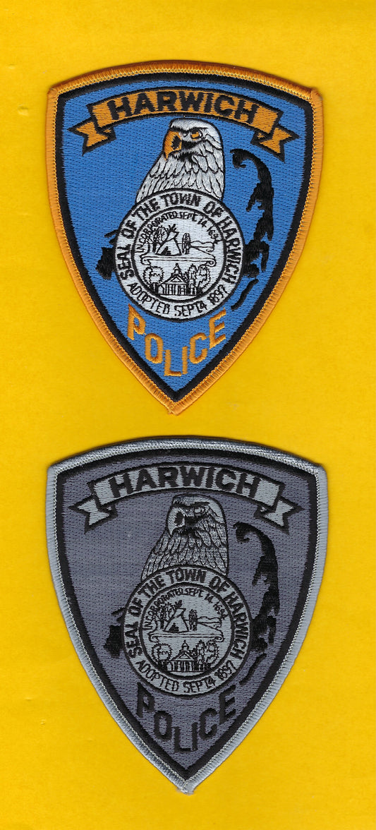 HARWICH, MASSACHUSETTS POLICE DEPARTMENT 5-INCH EMBROIDERED PATCHES BY PUBLIC SAFETY COLLECTIBLES.