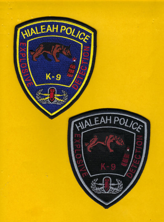 HIALEAH, FLORIDA POLICE DEPARTMENT 'K-9 EXPLOSIVE DETECTION UNIT' 5-INCH EMBROIDERED PATCHES BY PUBLIC SAFETY COLLECTIBLES.