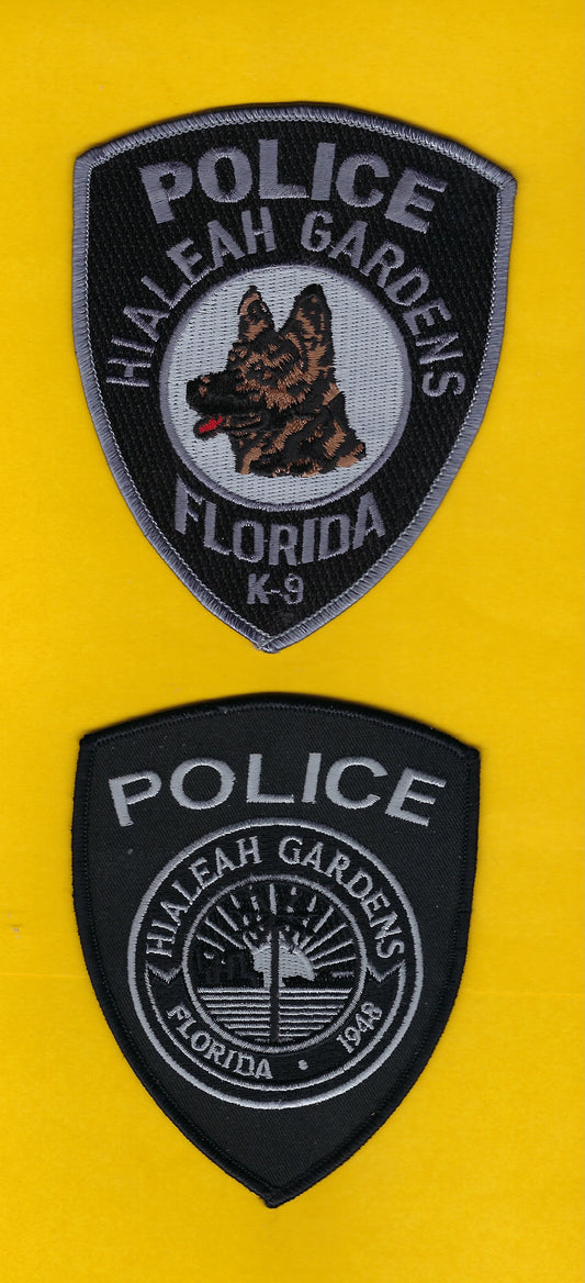 HIALEAH GARDENS, FLORIDA POLICE DEPARTMENT K-9 UNIT EMBROIDERED SUBDUED PATCHES BY PUBLIC SAFETY COLLECTIBLES.