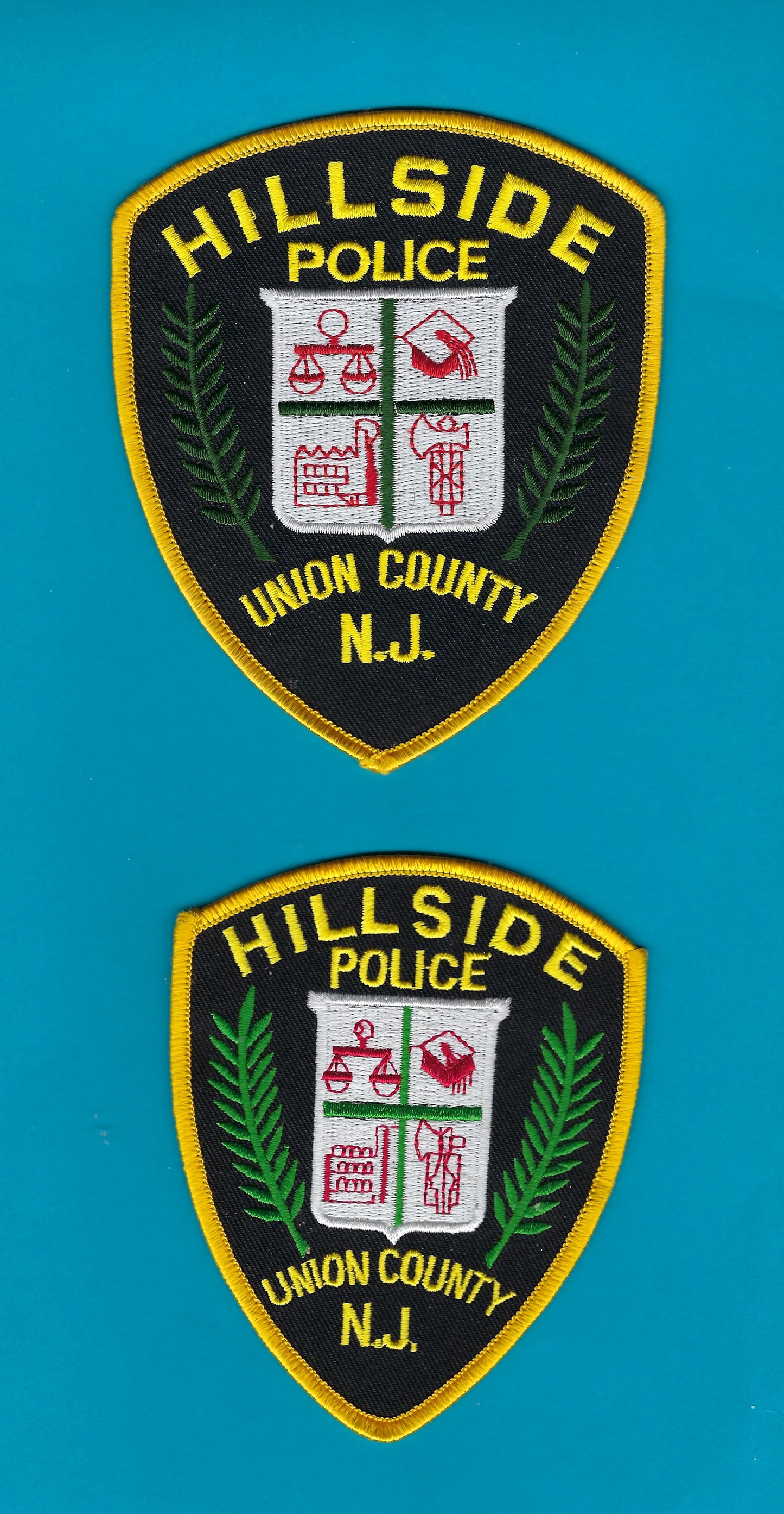 HILLSIDE, NEW JERSEY POLICE DEPARTMENT 4.75 INCH AND 4.25 INCH EMBROIDERED PATCHES BY PUBLIC SAFETY COLLECTIBLES.