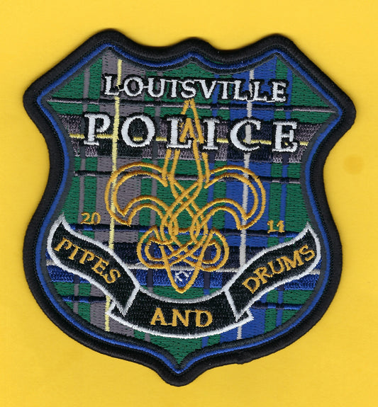 LOUISVILLE, KENTUCKY POLICE DEPARTMENT PIPES AND DRUMS EMBROIDERED PATCH BY PUBLIC SAFETY COLLECTIBLES.