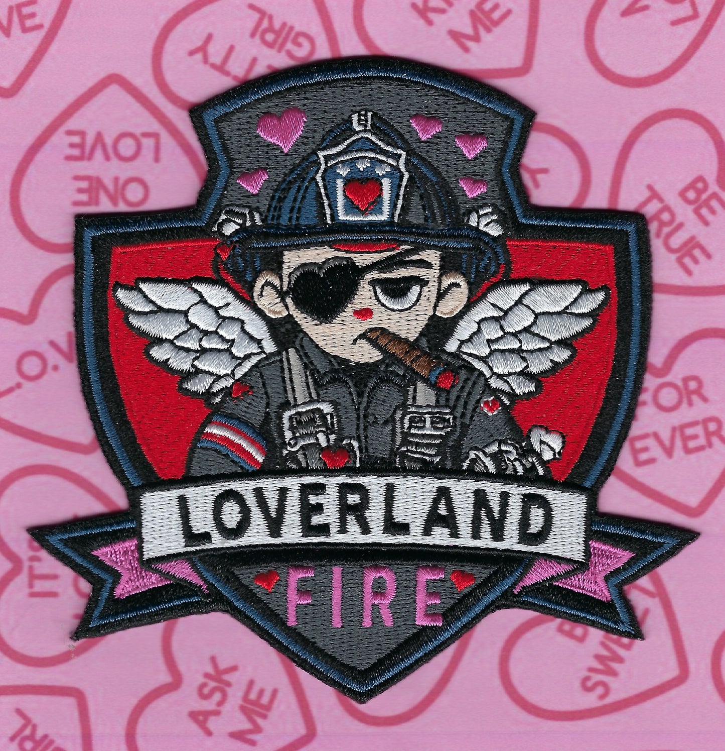 LOVERLAND FIRE (VALENTINE'S DAY) DEPARTMENT EMBROIDERED PATCH BY GHOST PATCH ENTERPRISES.