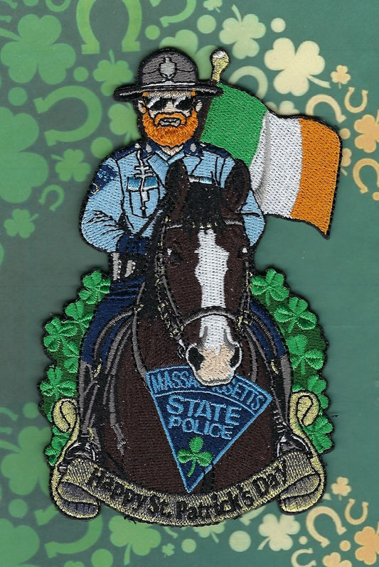 MASSACHUSETTS STATE POLICE MOUNTED TROOPER 'HAPPY SAINT PATRICK'S DAY' EMBROIDERED PATCH BY GHOST PATCH ENTERPRISES.