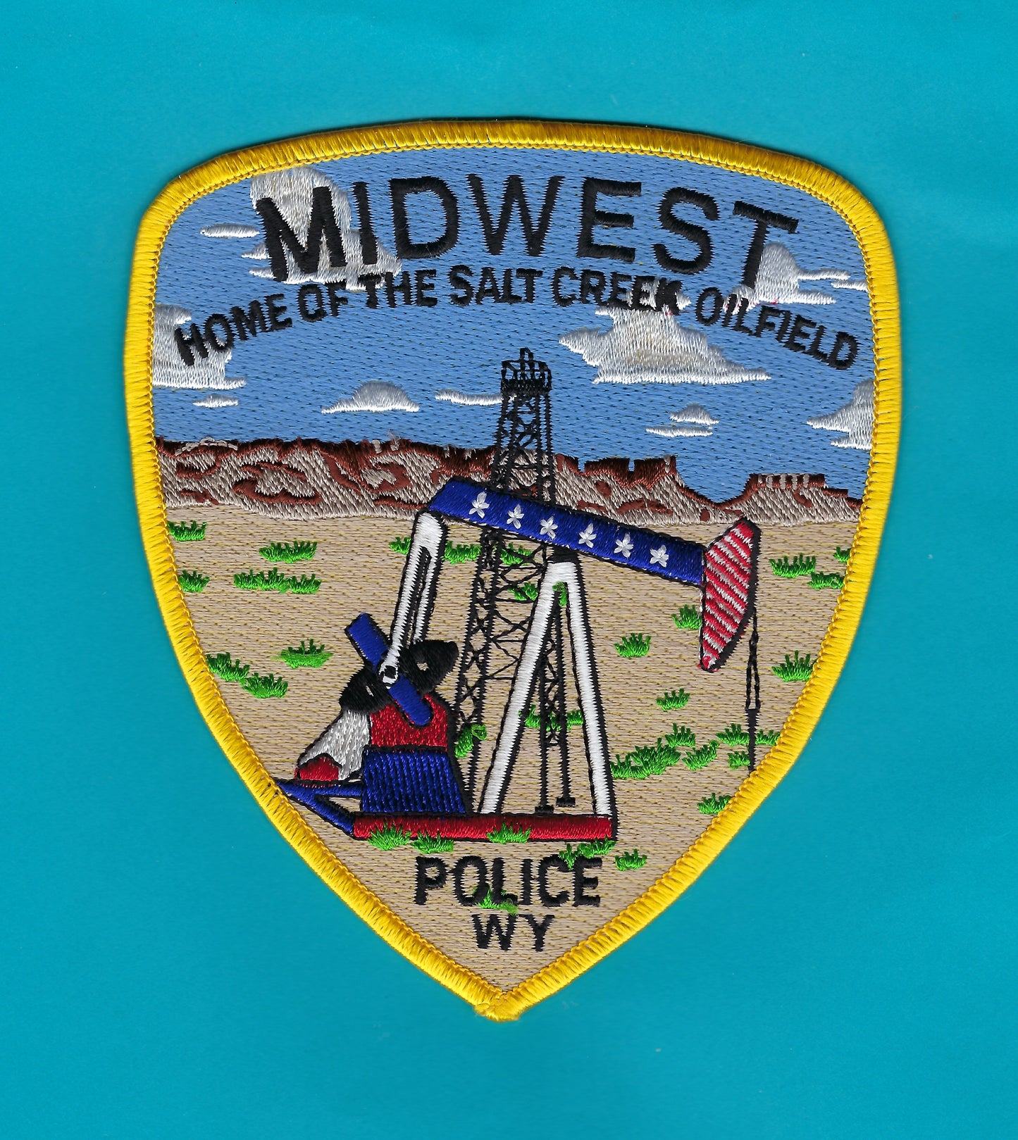 MIDWEST, WYOMING POLICE DEPARTMENT 5.25 INCH EMBROIDERED PATCH BY PUBLIC SAFETY COLLECTIBLES.