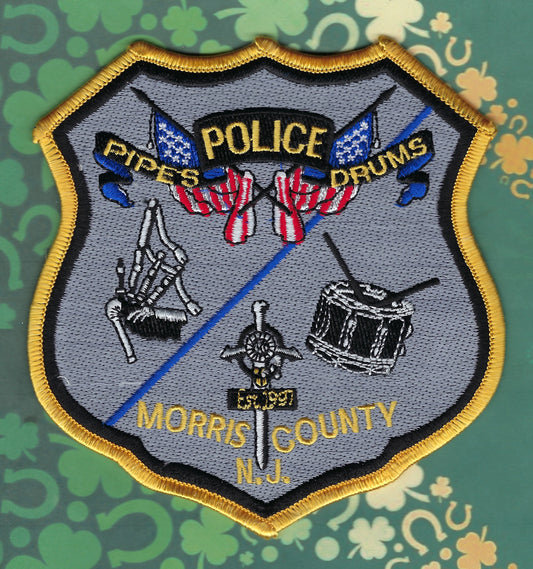 MORRIS COUNTY, NEW JERSEY POLICE DEPARTMENT PIPES AND DRUMS EMBROIDERED PATCH BY PUBLIC SAFETY COLLECTIBLES.