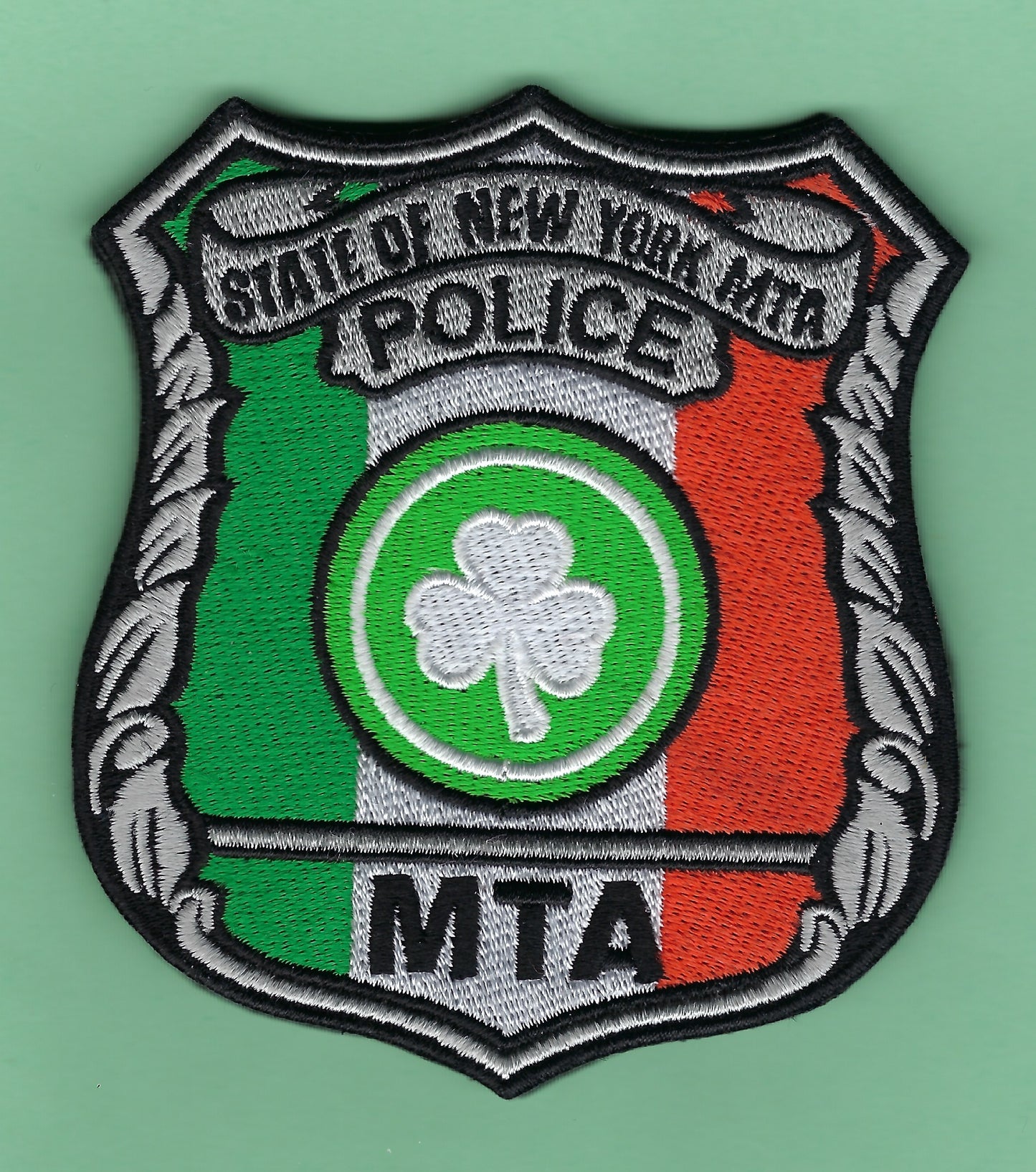 NEW YORK METROPOLITAN TRANSIT AUTHORITY ( MTA ) POLICE DEPARTMENT SAINT PATRICK'S DAY VELCRO SHIELD PATCH BY PUBLIC SAFETY COLLECTIBLES.