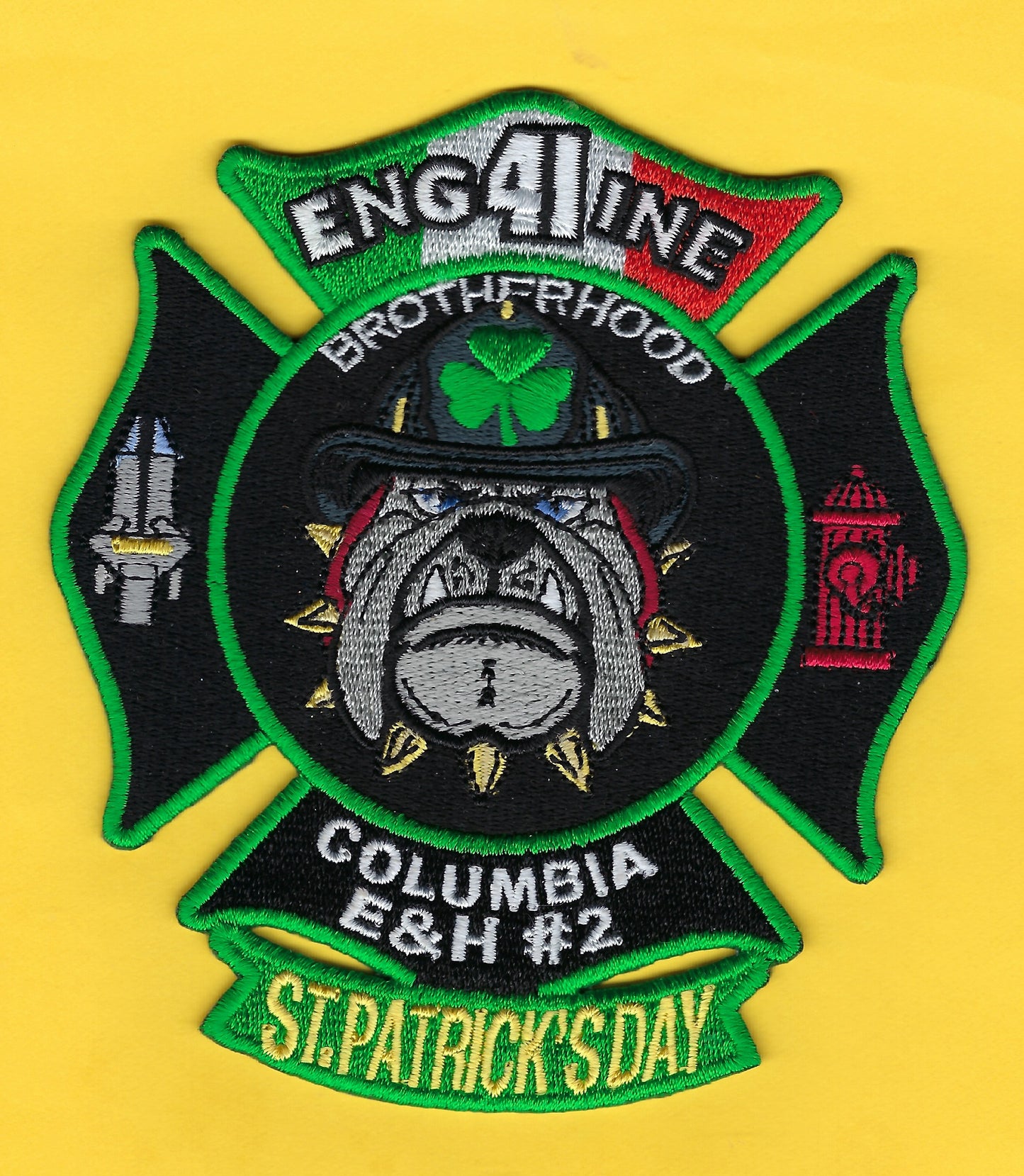 MAMARONECK VILLAGE, NEW YORK ( WESTCHESTER COUNTY ) FIRE DEPARTMENT ENGINE 41 EMBROIDERED SAINT PATRICK'S DAY PATCH BY UNDERDOG PATCH DESIGNS.