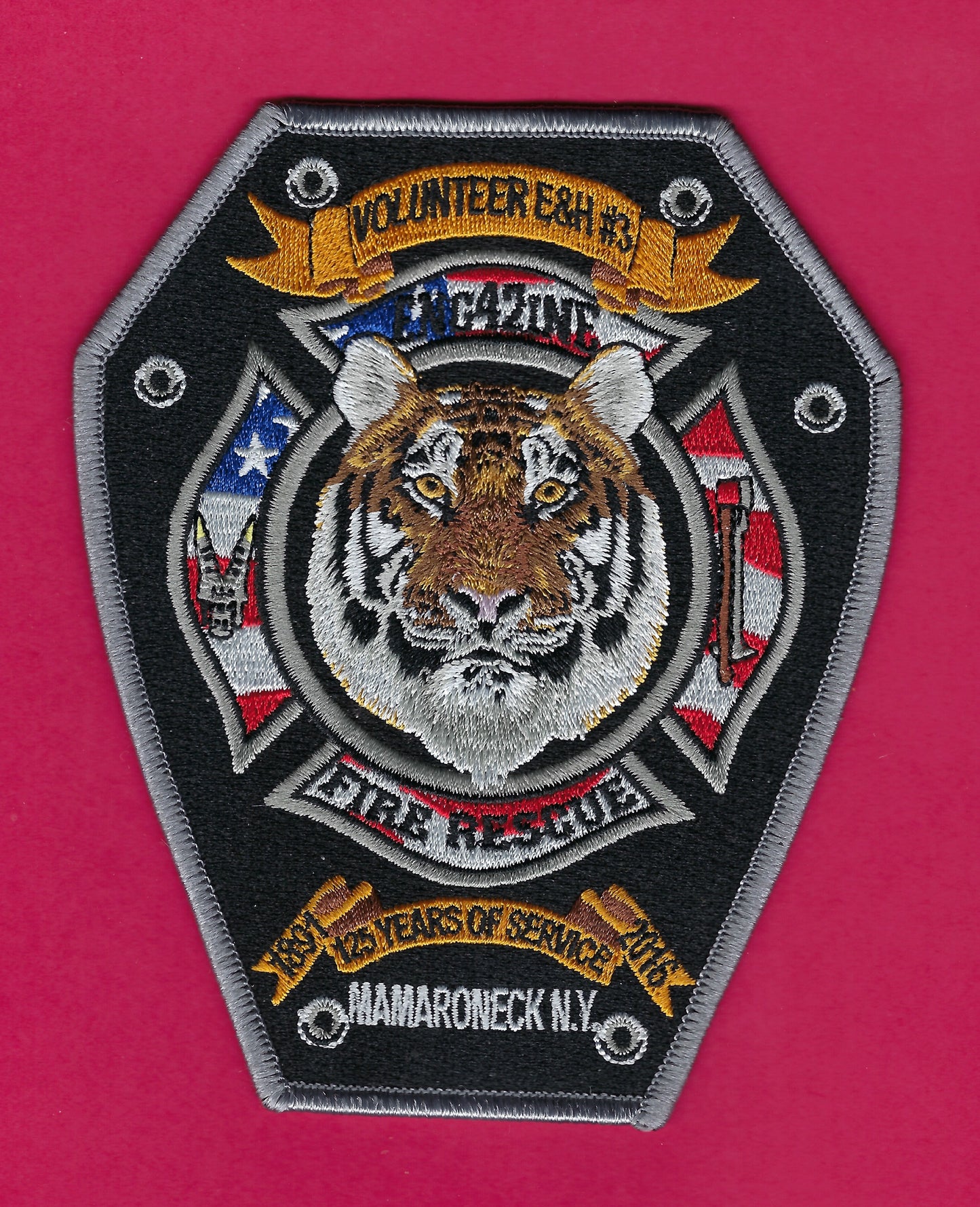 MAMARONECK VILLAGE, NEW YORK ( WESTCHESTER COUNTY ) FIRE DEPARTMENT ENGINE 42 '125 YEARS OF SERVICE' EMBROIDERED PATCH BY PUBLIC SAFETY COLLECTIBLES.