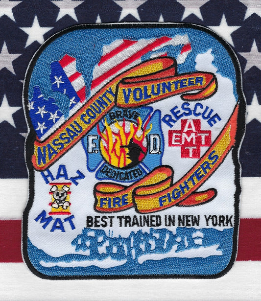 NASSAU COUNTY, NEW YORK FIRE AND RESCUE SERVICES EMBROIDERED VOLUNTEER PATCH BY PUBLIC SAFETY COLLECTIBLES.