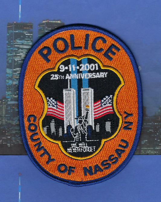 NASSAU COUNTY, NEW YORK POLICE DEPT (NCPD) 'WORLD TRADE CENTER 9-11-01 EMBROIDERED REMEMBRANCE PATCH' BY UNDERDOG PATCH PRODUCTIONS