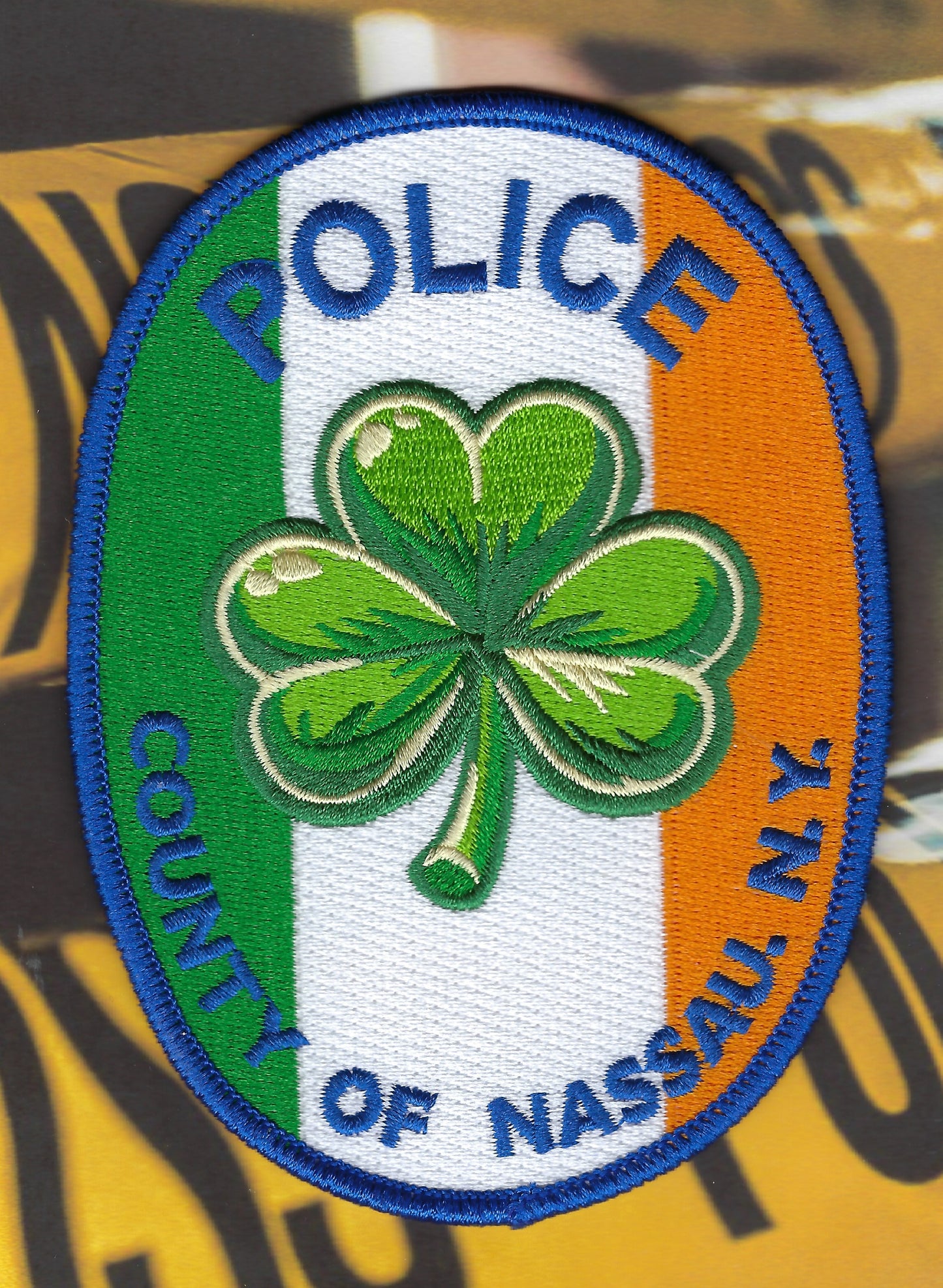 NASSAU COUNTY, NEW YORK POLICE DEPARTMENT 'IRISH POLICE OFFICER' EMBROIDERED PATCH DESIGNED AND PRODUCED BY UNDERDOG PATCH DESIGNS.