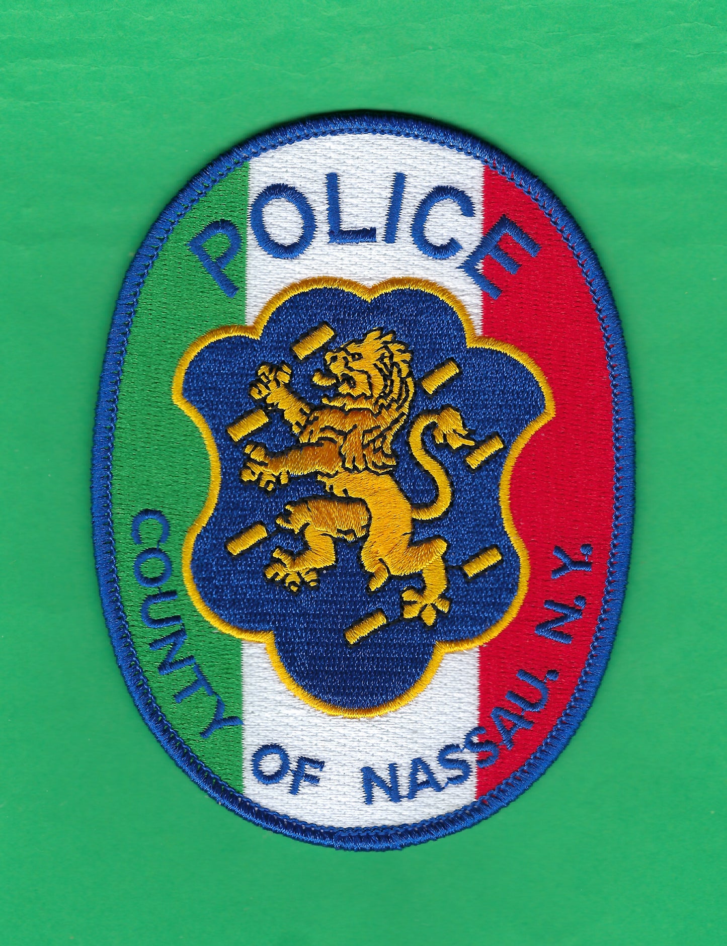 NASSAU COUNTY, NEW YORK POLICE DEPARTMENT 'ITALIAN POLICE OFFICER' EMBROIDERED PATCH DESIGNED AND PRODUCED BY UNDERDOG PATCH DESIGNS.