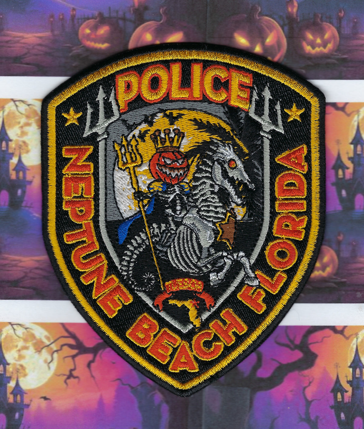 NEPTUNE BEACH, FLORIDA POLICE DEPT EMBROIDERED HALLOWEEN PATCH DESIGNED AND PRODUCED BY NAPS AND DONUTS DESIGNS.