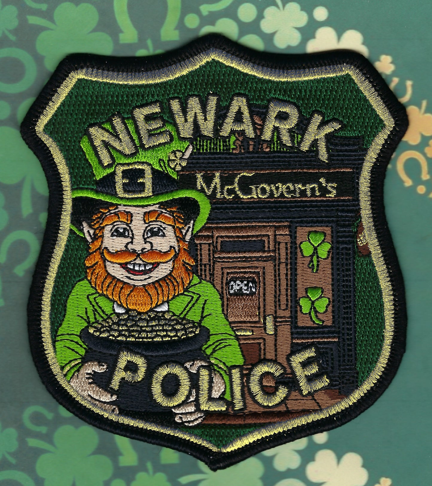 NEWARK, NEW JERSEY POLICE DEPARTMENT 'McGOVERN'S TAVERN' SAINT PATRICK'S DAY EMBROIDERED PATCH BY GHOST PATCH ENTERPRISES.