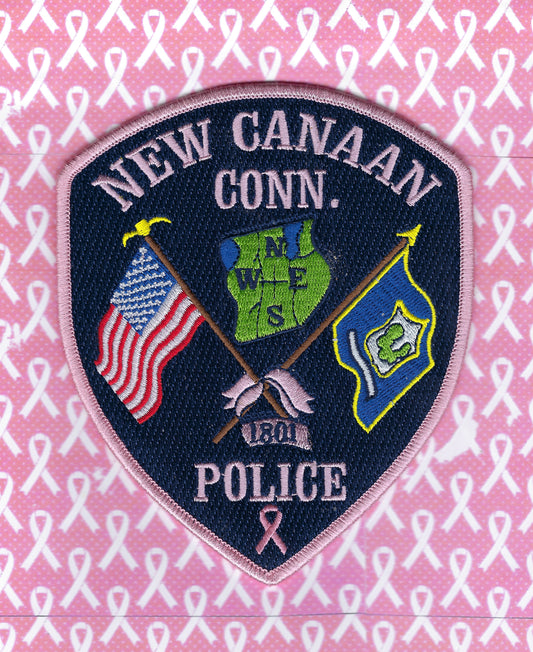 NEW CANAAN, CONNECTICUT POLICE DEPARTMENT 5.5 INCH 'BREAST CANCER AWARENESS' EMBROIDERED PATCH BY PUBLIC SAFETY COLLECTIBLES.