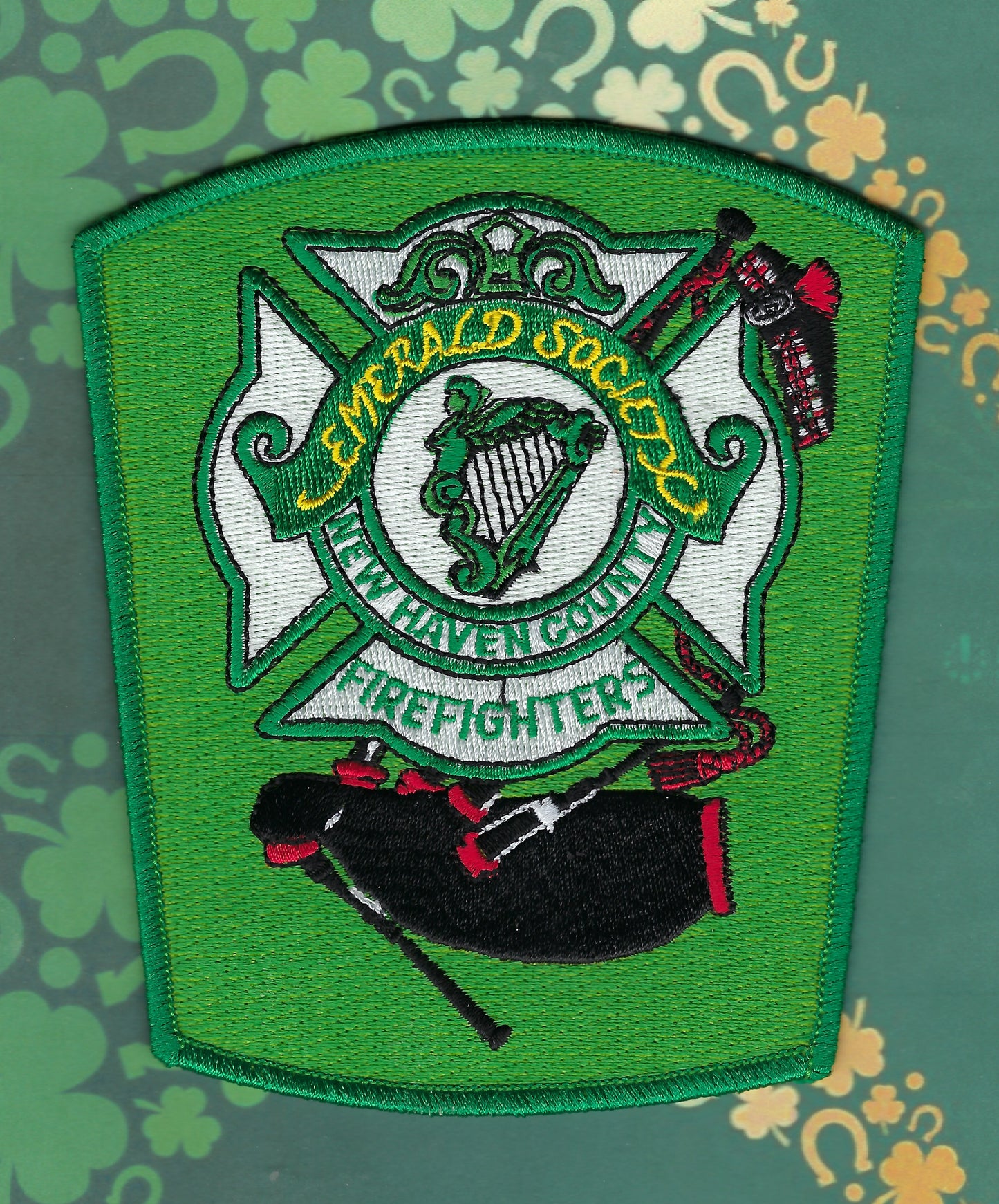 NEW HAVEN COUNTY, CONNEFCTICUT FIREFIGHTERS EMERALD SOCIETY EMBROIDERED PATCH DESIGNED AND PRODUCED BY PUBLIC SAFETY COLLECTIBLES.