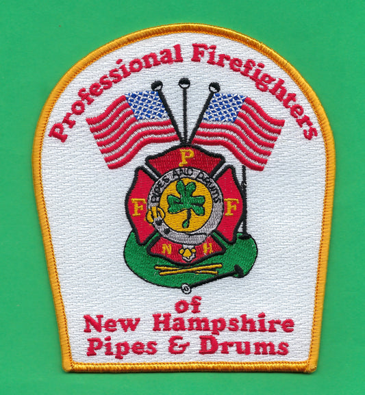 PROFESSIONAL FIREFIGHTERS ( PFF ) OF NEW HAMPSHIRE PIPES AND DRUMS EMBROIDERED PATCH BY PUBLIC SAFETY COLLECTIBLES.