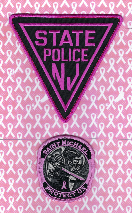 NEW JERSEY STATE POLICE (NJSP) DEPARTMENT 'BREAST CANCER AWARENESS' EMBROIDERED PATCHES BY PUBLIC SAFETY COLLECTIBLES.