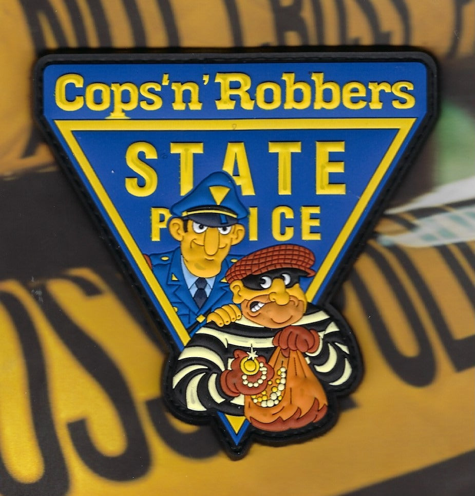 NEW JERSEY STATE POLICE (NJSP) DEPT 'COPS 'n" ROBBERS PVC PATCH DESIGNED AND PRODUCED BY GHOST PATCH PRODUCTIONS.