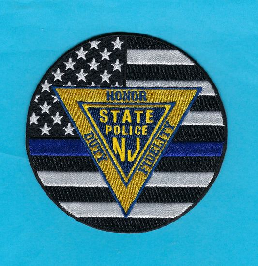 NEW JERSEY STATE POLICE (NJSP) DEPARTMENT 'THIN BLUE LINE' EMBROIDERED FLAG PATCH BY PUBLIC SAFETY COLLECTIBLES.