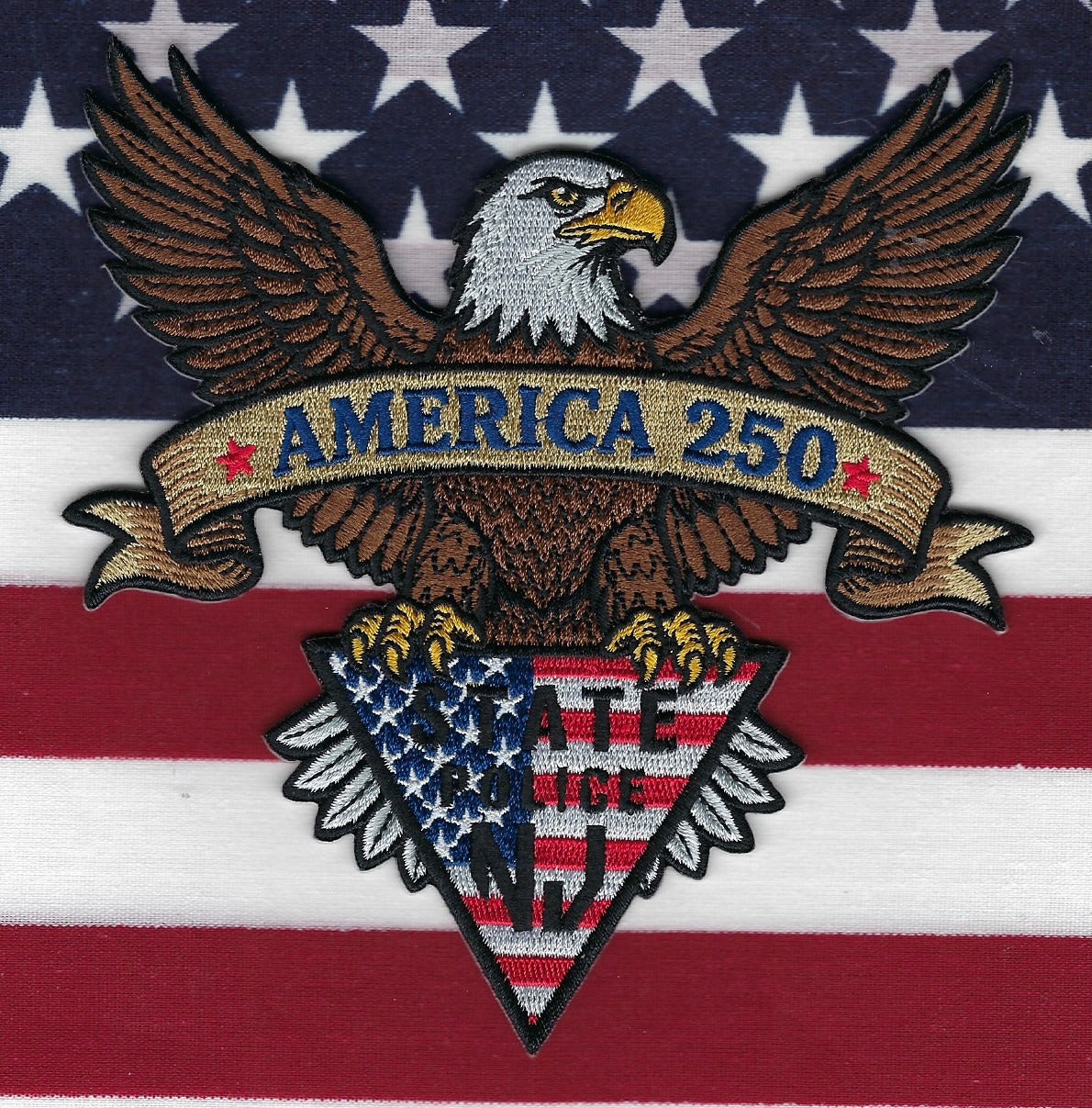 NEW JERSEY STATE POLICE DEPT (NJSP) 'AMERICA 250TH ANNIVERSARY' EMBROIDERED PATCH BY UNDERDOG PATCH PRODUCTIONS.