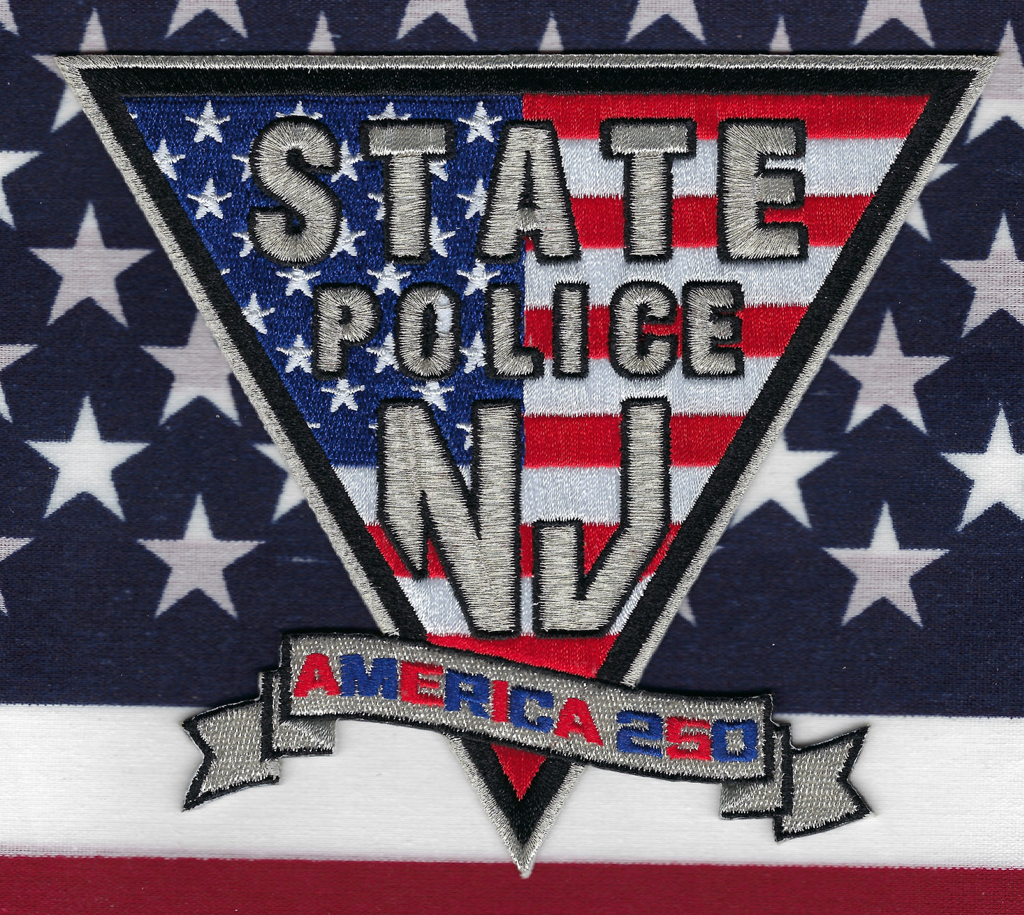 NEW JERSEY STATE POLICE (NJSP) DEPARTMENT '250th ANNIVERSARY OF AMERICA' EMBROIDERED PATCH BY GHOST PATCH ENTERPRISES.