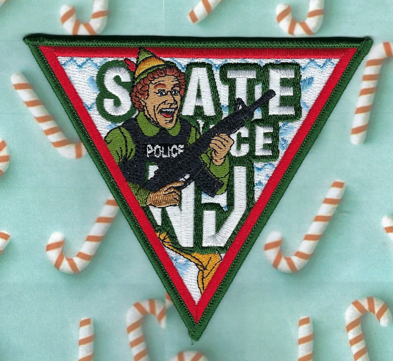NEW JERSEY STATE POLICE (NJSP) DEPARTMENT 'MERRY CHRISTMAS' EMBROIDERED PATCH DESIGNED AND PRODUCED BY GHOST PATCH PRODUCTIONS.