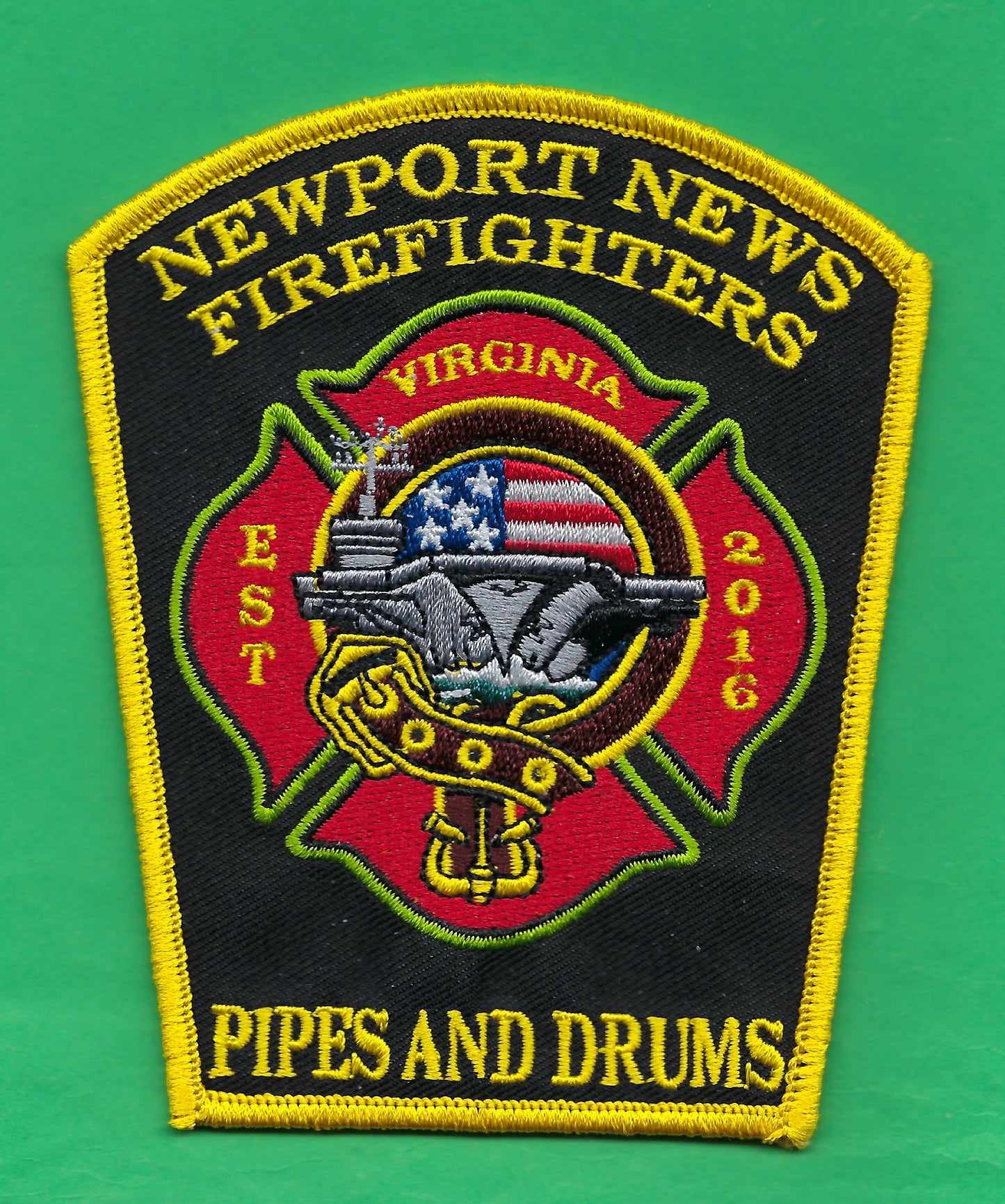NEWPORT NEWS, VIRGINIA FIREFIGHTERS PIPES AND DRUMS EMBROIDERED PATCH BY PUBLIC SAFETY COLLECTIBLES.