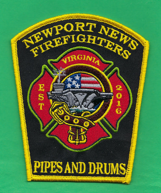 NEWPORT NEWS, VIRGINIA FIREFIGHTERS PIPES AND DRUMS EMBROIDERED PATCH BY PUBLIC SAFETY COLLECTIBLES.