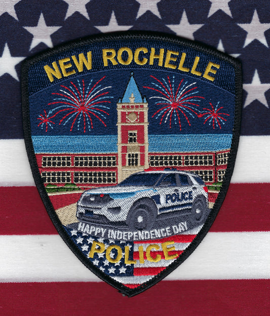 NEW ROCHELLE, NEW YORK ( WESTCHESTER COUNTY ) POLICE DEPARTMENT 'HAPPY INDEPENDENCE DAY' EMBROIDERED HOLIDAY PATCH DESIGNED AND PRODUCED BY UNDERDOG PATCH DESIGNS.