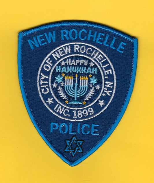 NEW ROCHELLE, NEW YORK ( WESTCHESTER COUNTY ) POLICE DEPARTMENT 'HAPPY HANUKKAH' EMBROIDERED HOLIDAY PATCH DESIGNED AND PRODUCED BY UNDERDOG PATCH DESIGNS.