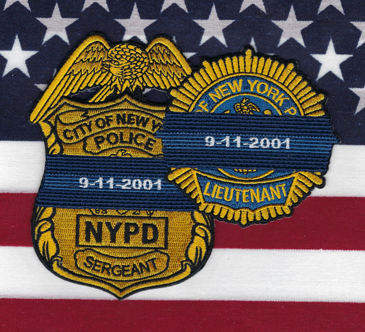 NEW YORK CITY POLICE DEPARTMENT (NYPD) 9-11-01 COMMEMORATIVE EMBROIDERED PATCH FEATURING SERGEANT AND LIEUTENANT SHIELDS WITH MOURNING BANDS DESIGNED AND PRODUCED BY UNDERDOG PATCH DESIGNS